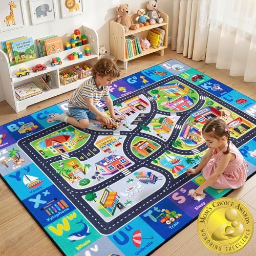 Car Rug Playmat, City Road Map Kids Rug, Educational Learning Play Mat, Soft Non-Slip Machine Washable ABC Alphabet Carpet for Bedroom Nursery Preschool Classroom