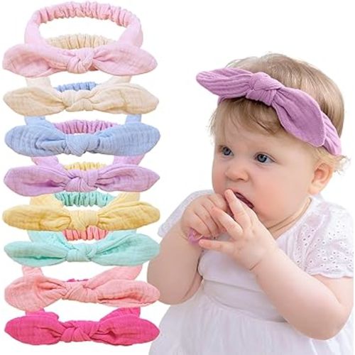 XIMA Baby Girl Headbands, Cotton Rabbit Ears Hairbands for Newbron Infants Toddlers, Removable Rabbit Ear Bows Baby Hair Accessories, Pastel colors Pack of 8