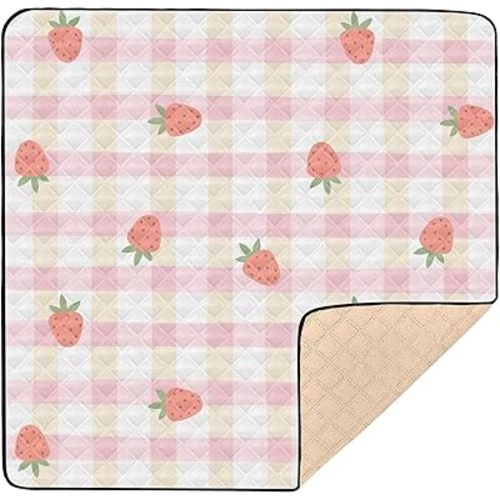 Baby Play Mat Gingham Kawaii Strawberries Checkered 50 x 50 Playpen Mat Baby Play Mats for Floor Play Gym Crawling Mat Non-Slip Cushioned Baby Playmat for Infants, Babies, Toddlers