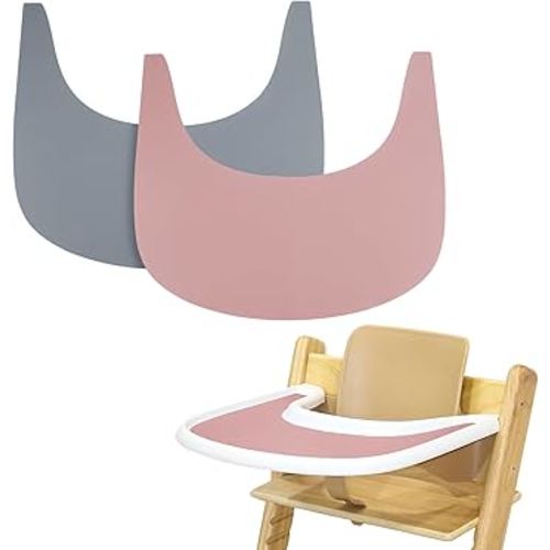 2 Pieces High Chair Placemat Silicone, Clean and Hygienic, Suitable for Tripp Trapp High Chair Tray (Grey/Pink)