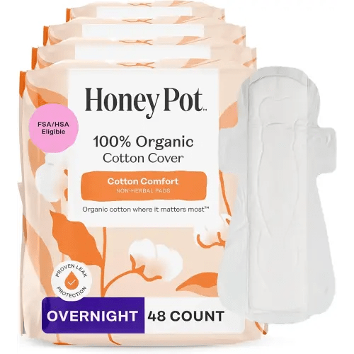 The Honey Pot Company - 48ct - Sanitary Pads for Women - Non-Herbal Overnight w/Wings - Organic Cotton Cover & Ultra-Absorbent Pulp Core - Feminine Care
