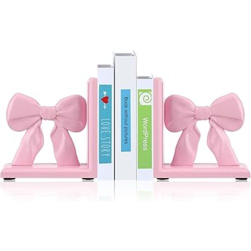Threehoney 2 Pieces Pink Bow Bookends Cute Book Ends for Shelves Decorative Book Stand Bow Sculpture Statues Tabletop Shelf Ornament Room Decor for Home Office School Dorm Girl Desk