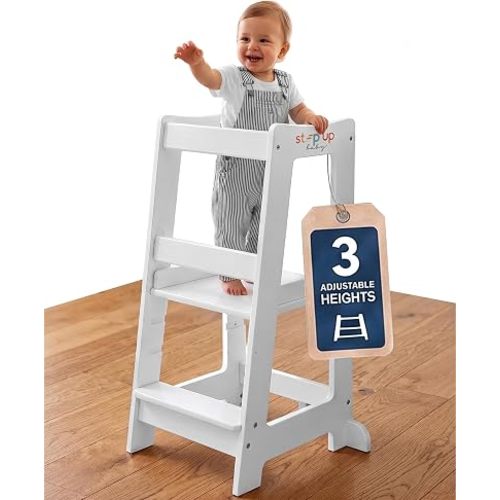 Toddler Tower 3-Level Adjustable Wooden Toddler Step Stool White