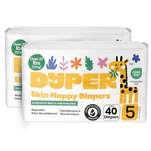 DYPER - Pack of 2 Baby Diapers Size 5 (40 Count) - Leak Proof, Plant Based, Hypoallergenic & Ultra Absorbent Disposable Diaper for Day & Overnight, Skin-Friendly Comfort Size 5 Diapers (<27 lbs)