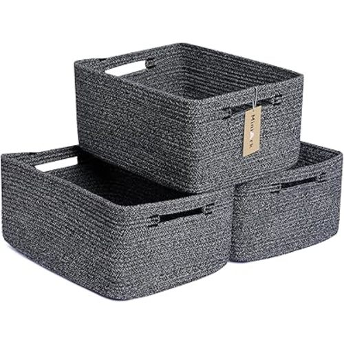 Large Storage Baskets for Shelves, Closet Organizers Bins for Clothes Blanket Towels, Baby Nursery, Toy Baskets Box, Woven Rope Baskets, 17 x 13 x 7.5”, 3 Packs Dark Gray