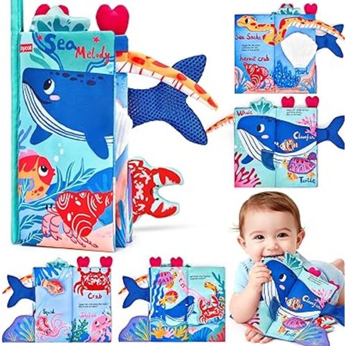 JoyCat Ocean Baby Books Toys 0-6 Months, Cloth Book Baby Shower Newborn Gifts for Boys Girls Stocking Stuffers, Touch and Feel Tummy Time Crinkle Cloth Book for Infant 0-3-6-12-18 Months