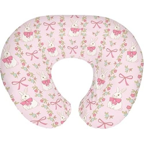 Preppy Bunny Easter Baby Nursing Pillow Covers for Boy Girl Pink Easter Rabbits Bows Floral Nursing Pillow Slipcovers for Breastfeeding Pillows Spring Garden Soft Stretchy Cover for Newborn Infant