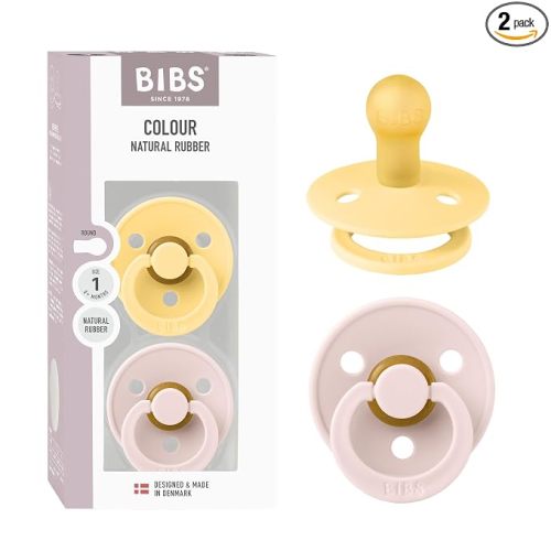 BIBS Colour Pacifier 2-Pack, BPA Free Dummy Binky, Round Nipple. Natural Rubber Latex, Made in Denmark, Size 1 (0-6 Months), Pale Butter/Petal
