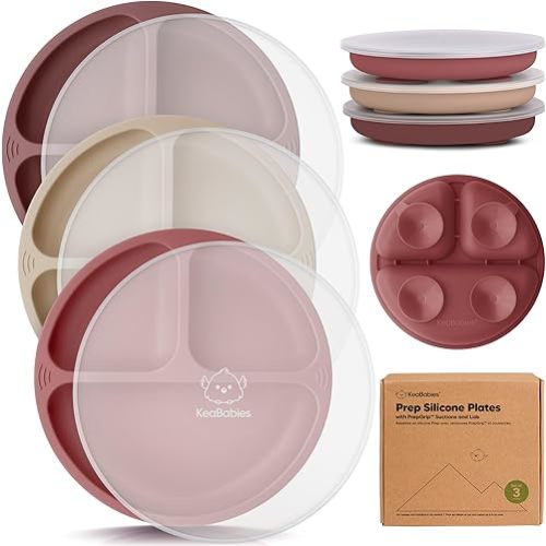 KeaBabies Suction Plates with Lids for Baby - 3-Pack 100% Silicone Suction Plates for Baby, Kids,Toddler Plates,Divided Baby Plates with Suction,Lids, BPA-Free, Microwave, Dishwasher Safe (Burgundy)