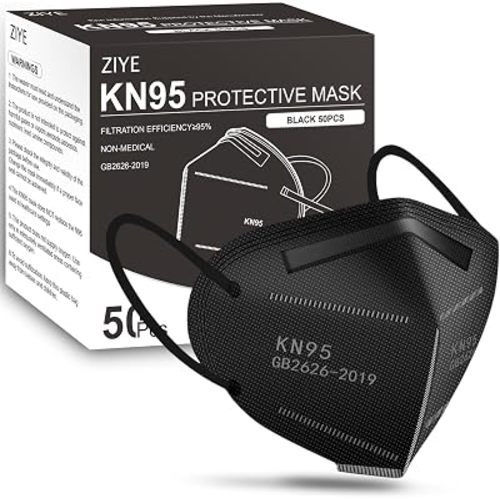 ZIYE 50-Pack Black KN95 Face Masks - 5-Ply Cup Dust Protective Masks with Elastic Ear Loops, Breathable for Daily Use