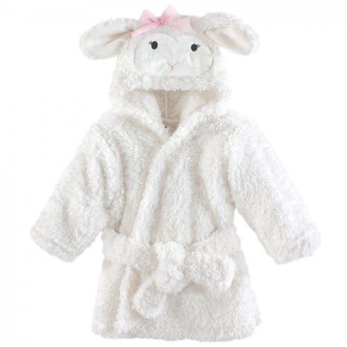 Hudson Baby Infant Girl Plush Animal Face Bathrobe, Girl Lamb, 0-9 Months