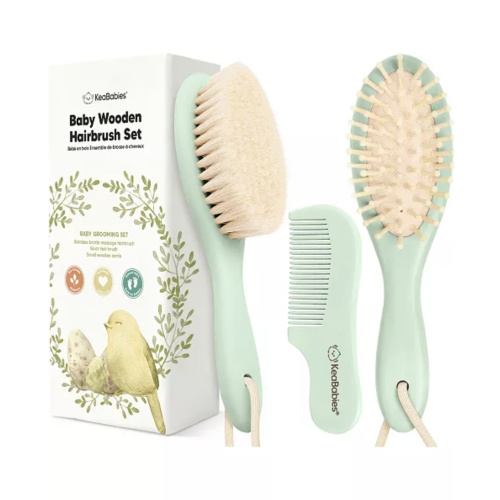 Baby Hair Brush and Comb Set, Oval Wooden Baby Brush Set for Newborns, Infant, Toddler Grooming Kit