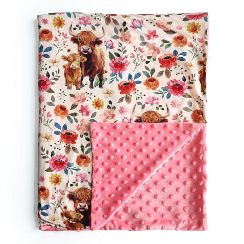 Highland Cow Wild Flower Baby Blanket for Boys and Girls, 30"x40" Boho Floral Farmhouse Highland Cow Toddler Soft Blanket with Double Layer Dotted Backing for Nursery, Crib, Newborn and Toddler
