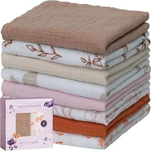Muslin Baby Washcloths for Newborns, Pack of 8, 11"x11", Super Soft Cotton, Absorbent and Gentle, Baby Cotton Wipes, Baby wash Cloths