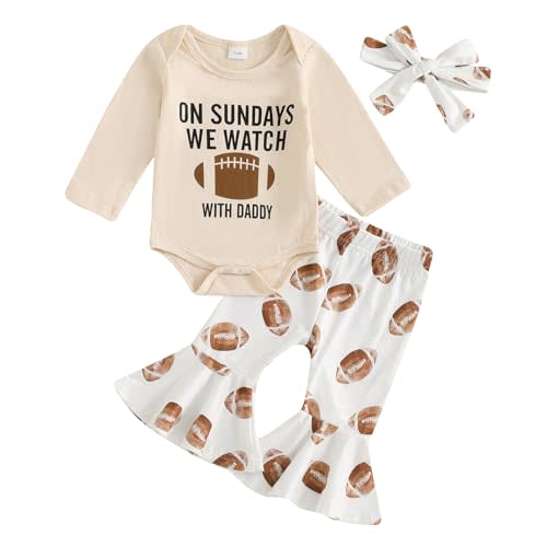Karuedoo Newborn Baby Girl Football Outfit On Sundays We Watch Football with Daddy Romper Flared Pants Headband 3 Piece Set