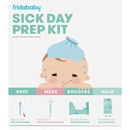 Baby Sick Day Prep Kit by FridaBaby - Includes NoseFrida Nasal Aspirator, MediFrida Pacifier Medicine Dispenser, Breathefrida Vapor Chest Rub + Snot Wipes. Soothe Stuffy Noses for Babies with A Cold