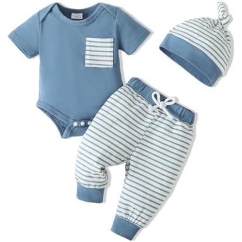 SUNNY PIGGY Baby Boy Clothes Newborn Infant Boy Outfits Romper Hat Pants 3Pcs Clothing Set for 0 3 6 9 12 18 Month Boys