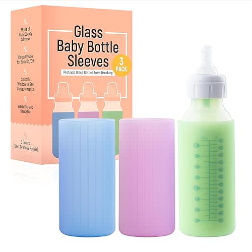 Impresa 3 Pack Glass Baby Bottle Sleeves – Multicolor - Silicone Bottle Covers for Narrow Dr Brown Glass Bottles 8 oz - Includes Measurements