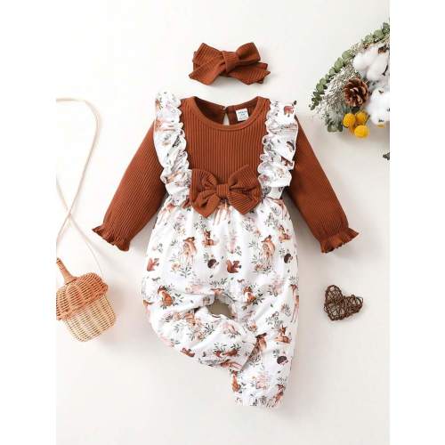 SHEIN Vintaside Kids Baby Girl Floral Print Ruffle Trim Bow Front Flounce Sleeve Jumpsuit & Headband | SHEIN USA