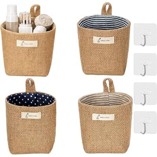 4 Pack Wall Hanging Storage Bags Hanging Storage Bags Cotton Linen Storage Basket Foldable Wall Hanging Basket Family Organizer Box Decorative Bag (Brown)3.93 * 3.93 * 5.31