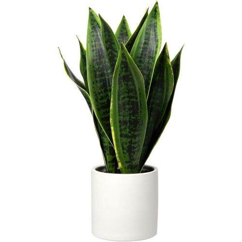Briful Fake Snake Plant 16" Faux Potted Plant Artificial Snake Plant with White Ceramic Pot Sansevieria Plant Perfect for House Modern Living Room Office Housewarming Gift Indoor Decor - Green #01