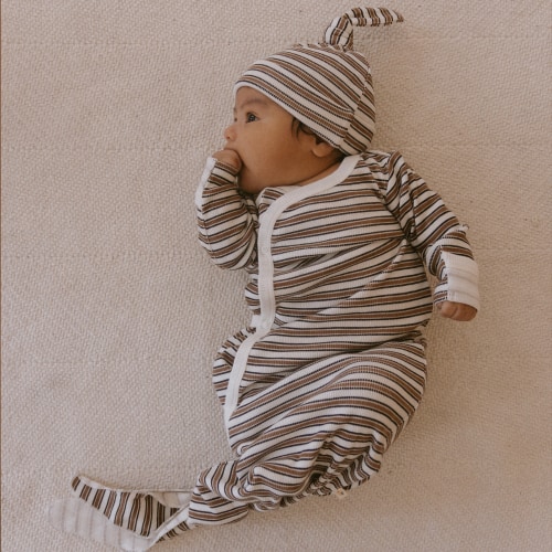 Organic Kimono Knotted Sleep Gown - Brown Stripe