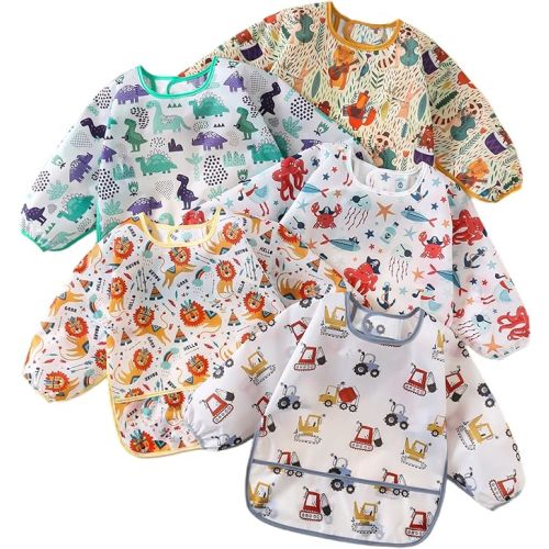 Sleeved Bib,5 Pack,Waterproof Shirt Bibs for Baby 3-24 Months Wipe Clean