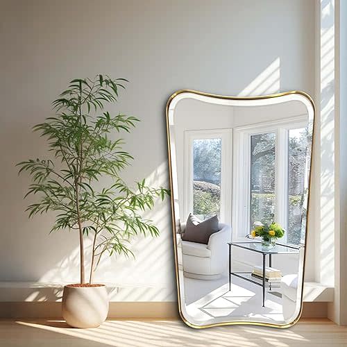 POZINO Brushed Rectangle Mirrors, 24"x40" Bathroom Vanity Mirror for Over Sink, Brass Irregular Shape Mirrors Decorative, Gold Unique Beveled Mirror for Living Room Bedroom Hallway Entryway Fireplace