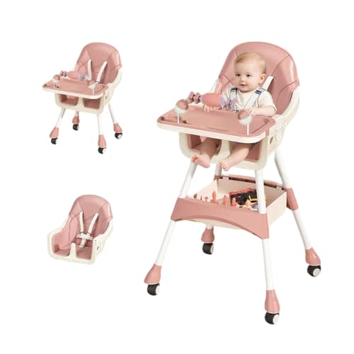 Portable High Chair,High Chairs for Babies and Toddlers,Multi-Use Easy Clean Baby High Chair with Lock Wheels, Comfortable Feeding and Place The Toy Storage Basket uuu