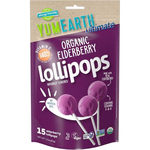 YumEarth Ultimate Organic Elderberry Pops, 15 count, Allergy Friendly, Gluten Free, Non-GMO, Vegan, No Artificial Flavors or Dyes