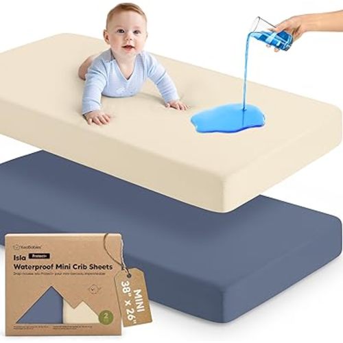 2-Pack Waterproof Pack and Play Sheets, Mini Crib Sheets Fitted for Boy, Girl - 38 x 26 Viscose from Bamboo Pack N Play Mattress Sheets for Graco, Toddler Playard Baby Crib Sheets Neutral(Maritime)
