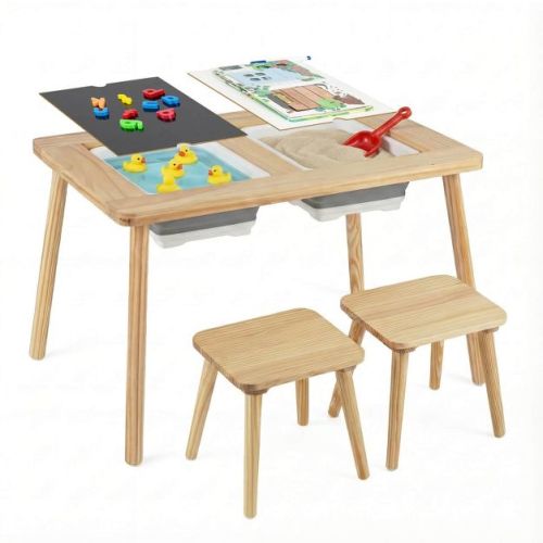 Costway Sensory Table Kid’s Table and Chairs Set with Detachable Double-Sided Tabletops Natural + White + Black