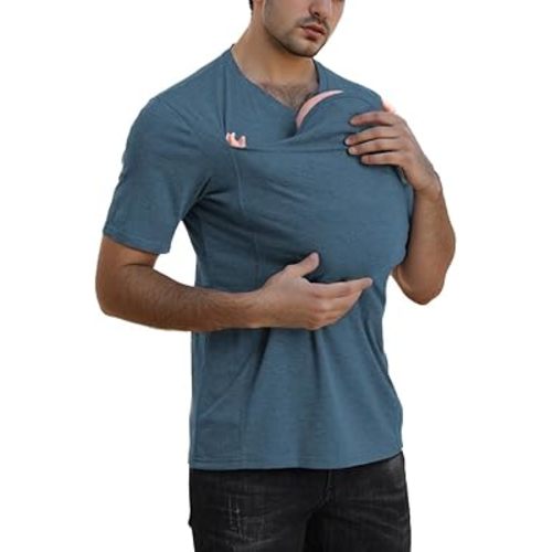 Kangaroo Shirt for Dad and Baby, V-Neck Short Sleeve T-Shirt with Kangaroo Pouch Hat for Men