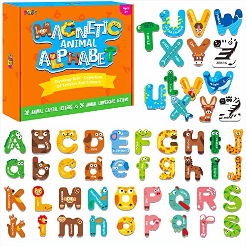 52 Magnetic Alphabet, 26 Uppercase & 26 Lowercase Letters, Adorable Animal Shape Alphabet ABC Magnets for Fridge Educational Spelling Learning Games Toys Set for Kids, Toddlers 3 4 5 Years Old
