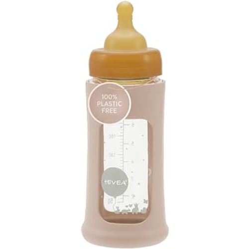 HEVEA Plastic-Free Wide Neck Glass Baby Bottle with Sand Sleeve - Medium Flow Anti Colic Baby Bottles 3-24 Months - BPA-Free, Single-Pack (8.5 Oz)