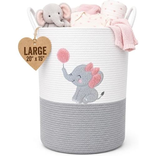 Elephant Baby Laundry Basket for Girl Nursery, Pink Rope Hamper, 20x15 in