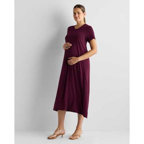 Bamboo Jersey Maternity & Nursing T-Shirt Dress in Wine Tasting Red