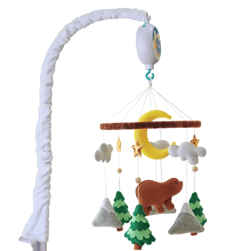 TINITIGIES Woodland Bear Baby Crib Mobile with Music Box – Handmade Felt Nursery Mobile, 12 Piano Lullabies, Forest Theme for Visual & Cognitive Development