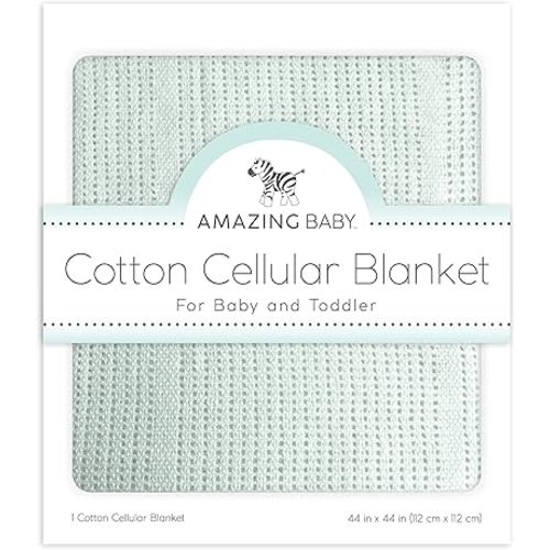 Amazing Baby Cellular Blanket, Premium Cotton Knit, Ultra Soft, Breathable, Cozy Gift for Baby Boys and Girls, Favorite Toddler Blanket, 44 x 44 inches (112 x 112 cm), Soft SeaCrystal