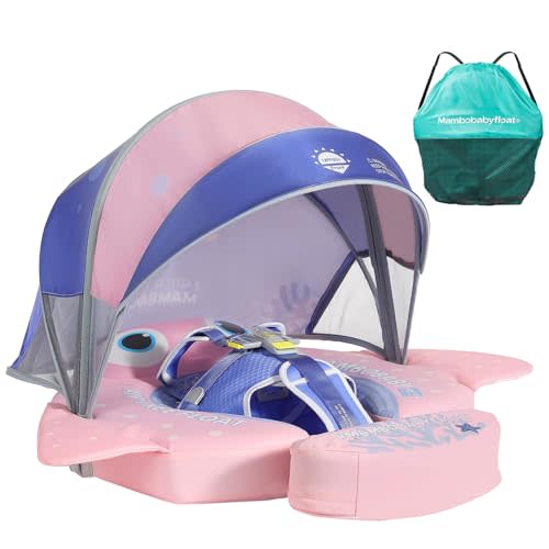 Mambobaby Float with Canopy and Tail New Upgraded Non-Inflatable Baby Pool Float Mambo Float Swim Trainer Solid Infant Swim Float Adjustable Pearl Foam Baby Swim Ring