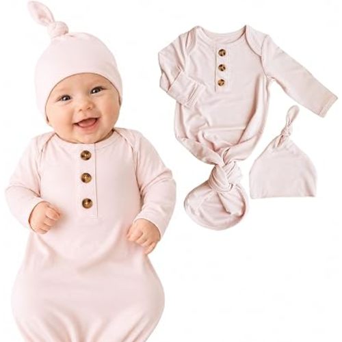 Caden Lane Newborn Knotted Gown with Hat, Soft Bamboo Viscose Baby Sack, Unisex Infant Breathable Night gown Pale Pink