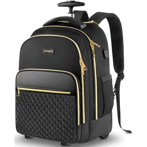 Rolling Backpack Carry On Luggage For Adults With Wheels, 40L Wheeled Backpack For Women, Travel Roller Bag, Black Gold