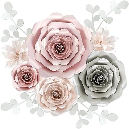 Rainbows & Lilies Large Paper Flowers Decorations for Wall, Wedding, Bridal Party, Baby Shower, Nursery Decor, Girls Room, Artificial Flower Backdrop - 10pc Rose 3D Wall Decor (Pink, Gray, Ivory)