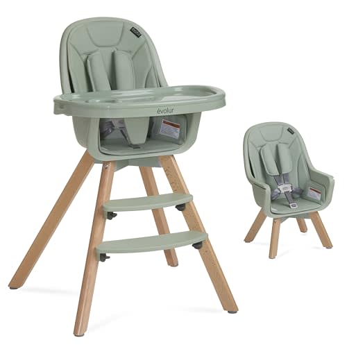 évolur Zoodle 3-in-1 High Chair in Sage Green | Convertible Wooden Baby Feeding Chair with Dishwasher Safe Removable Tray, Adjustable Footrest, Padded Cushion, 5-Point Harness for Infants & Toddlers