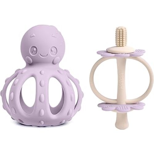 haakaa Silicone Twin Flower Teether&Octopus Rattle Teether-2-in-1 Baby Teething Toy with Gentle Rattle-Easy to Grip