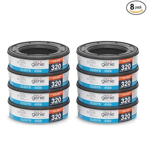Diaper Genie Essentials Round Refill 8-Pack | Holds Up to 2560 Newborn Diapers | Features Unscented Continuous Film | Compatible with Diaper Genie Complete and Expressions Pails,8 Count (Pack of 1)