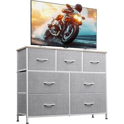 WLIVE 7 Drawer Dresser TV Stand, Entertainment Center, Media Console Table with Metal Frame and Wood Top for TV up to 45 inch, Chest of Drawers for Bedroom, Living Room, Light Grey