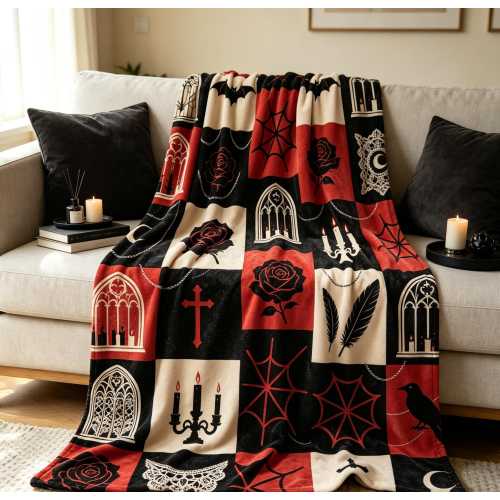 Gothic Patchwork Flannel Throw, Dark Rose Bat Spiderweb Blanket (Custom Size)