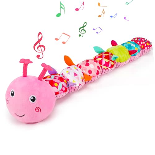 Baby Tummy Time Toy 0-6 Month Musical Stuffed Animal Plush Caterpillar Toy for Infant 6-12 Month Teething Sensory Toy with Crinkle Rattle for Babies 0-3-6 Month Newborn Toy for Boy Girl Birthday Gift