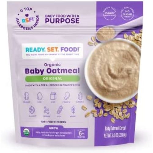 Ready, Set, Food! Organic Baby Oatmeal Cereal | Original Flavor | 15 Servings per Baby Food Pouch | 9 Top Allergens Pre-Mixed Inside (Peanut, Egg, Milk, Cashew, Almond, Walnut, Sesame, Soy, Wheat) | No-Added Sugar | Fortified with Iron